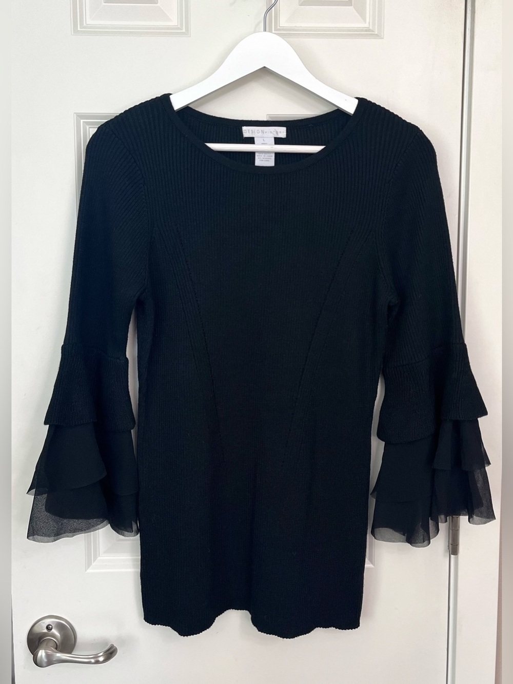 Design History Ribbed Knit Sweater with Ruffle Sleeves